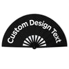 Black folding fan with custom text printed on the surface.