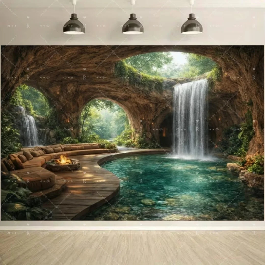 A lush, natural cave scene with a waterfall and a serene pool surrounded by mossy greenery.