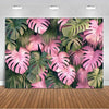 A vibrant tropical palm leaf backdrop featuring pink and green leaves for party decor or photography.