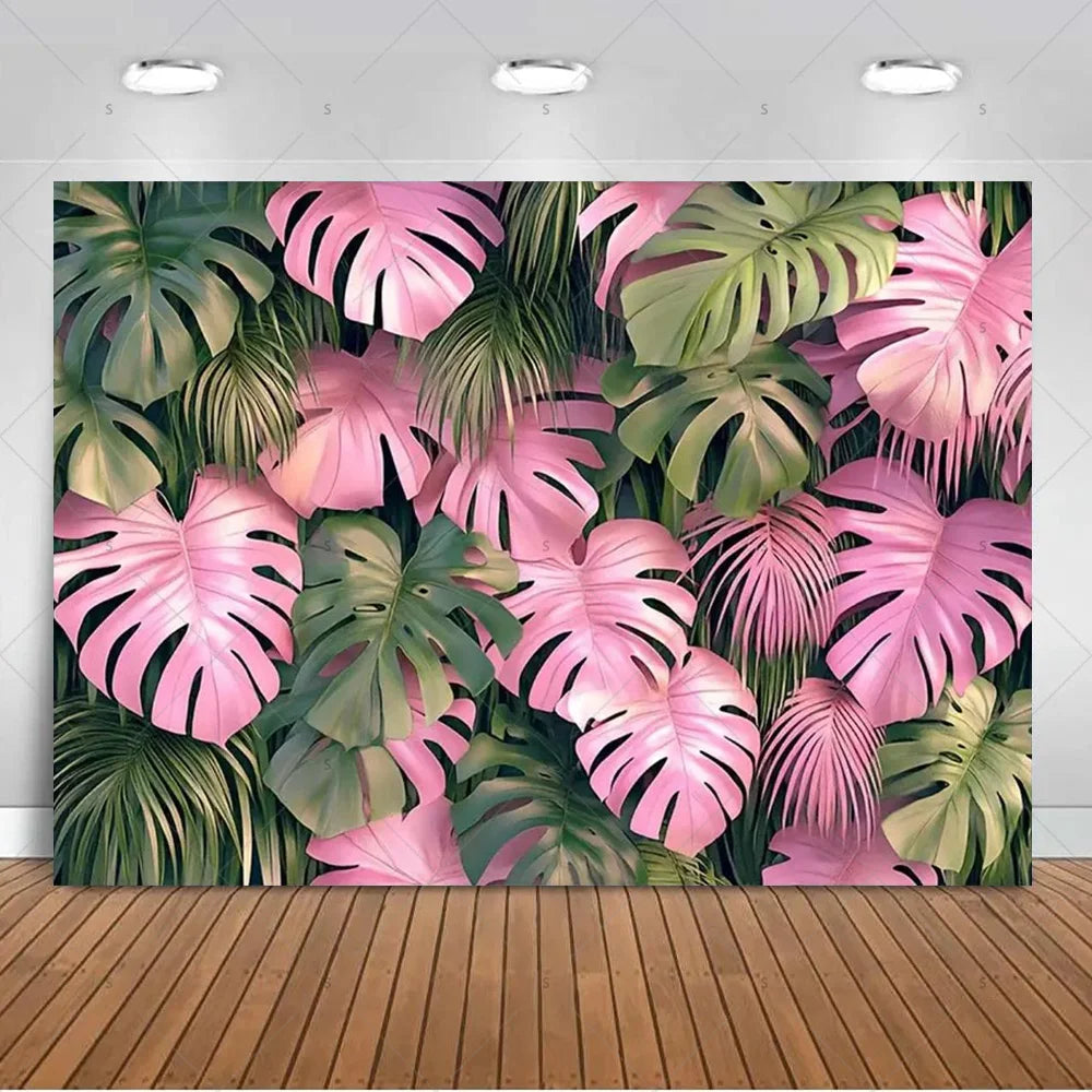 A vibrant tropical palm leaf backdrop featuring pink and green leaves for party decor or photography.