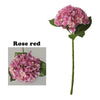 A pink rose red hydrangea flower on a green stem.