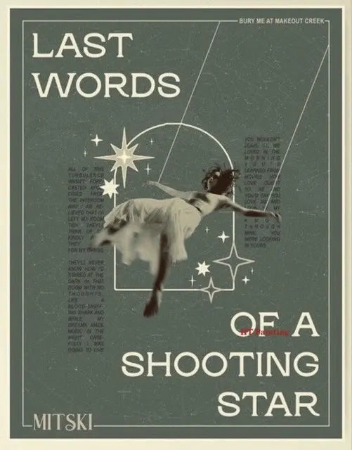 Vintage poster art for Mitski's Last Words featuring a silhouette and text on a muted green background.