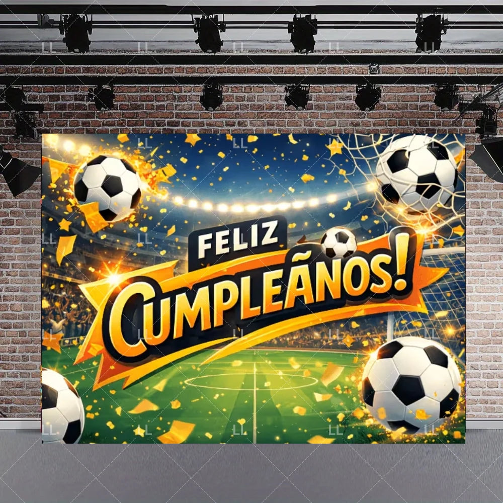 A vibrant soccer field backdrop with a goal, celebrating a birthday with the text Feliz Cumpleaños in gold and yellow confett