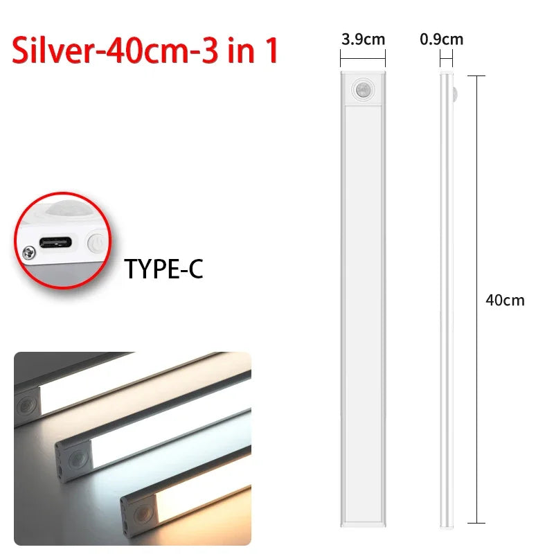 Silver 40cm 3-in-1 motion sensor under cabinet light with rechargeable battery and Type-C connection