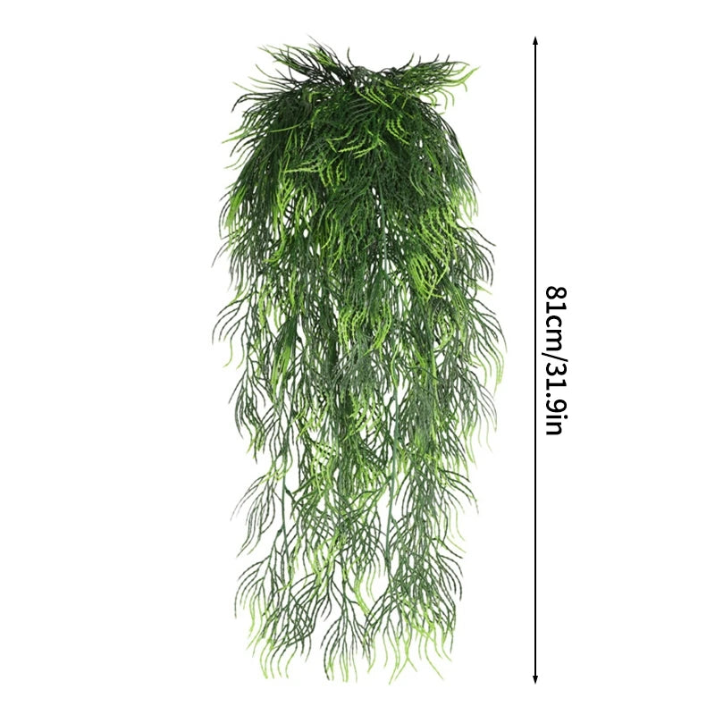 A long, cascading green silk vine of artificial morning glory flowers used for indoor and outdoor decor.