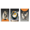 Set of three modern geometric wall art pieces featuring abstract metallic and matte colored shapes.