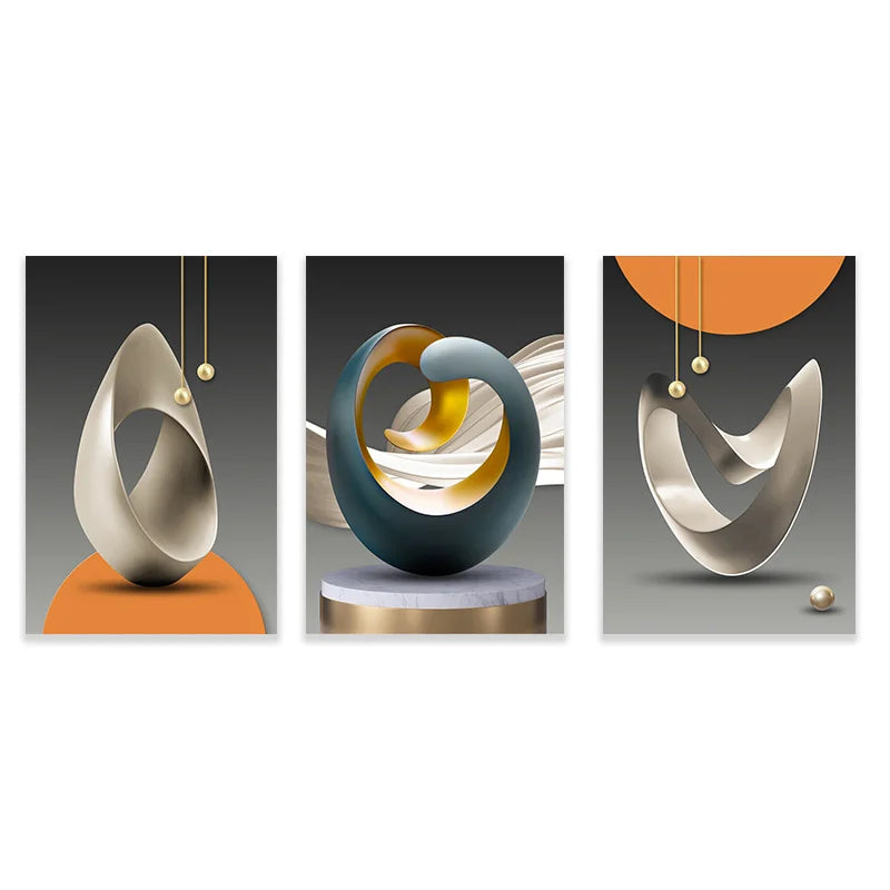 Set of three modern geometric wall art pieces featuring abstract metallic and matte colored shapes.