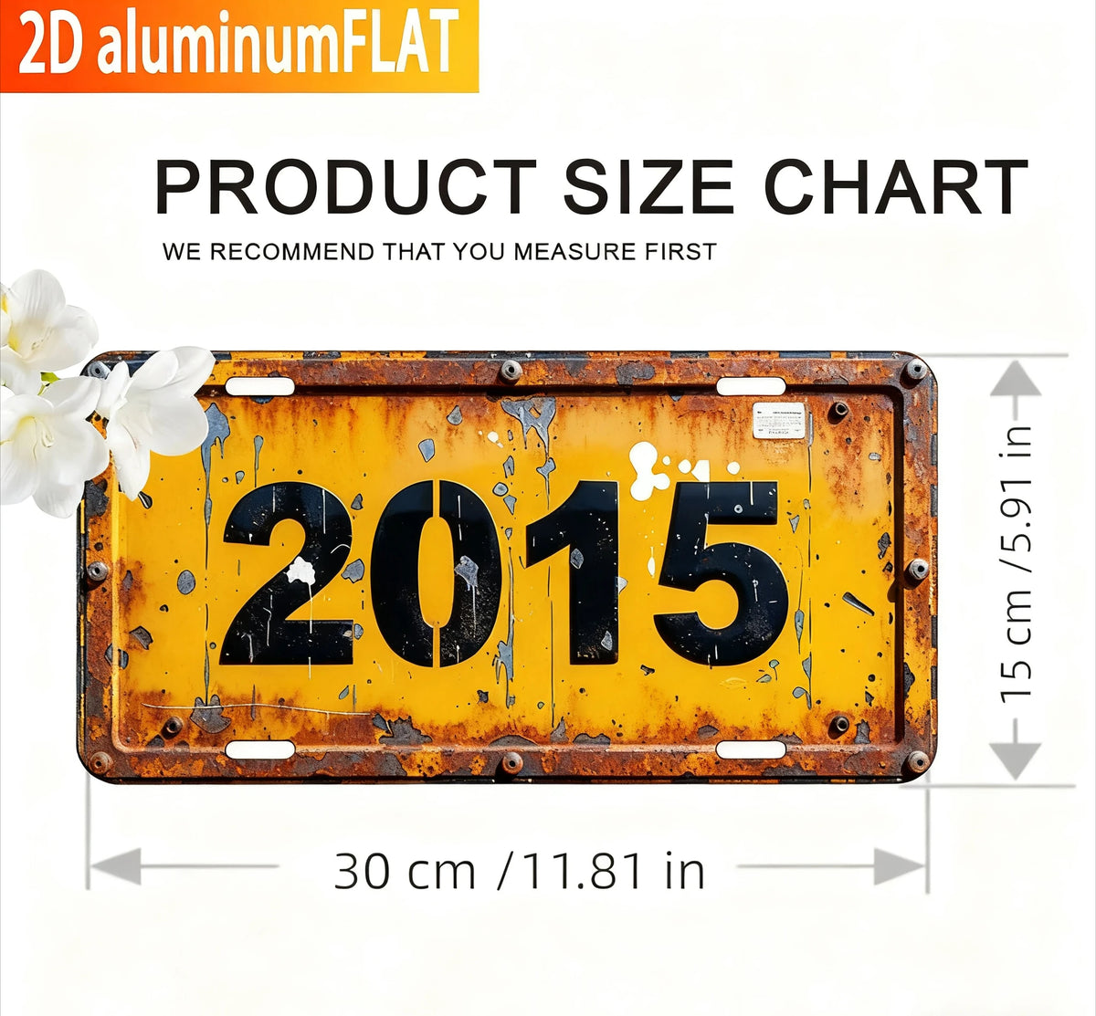 A yellow, rusted metal sign with the year 2015 engraved on it, shown with dimension lines.