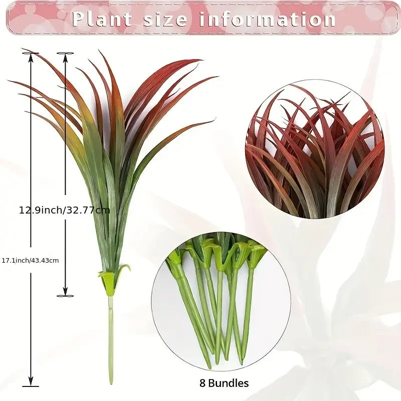 Plant size information showing a tall grass plant, its dimensions, and 8 bundles of the plant.