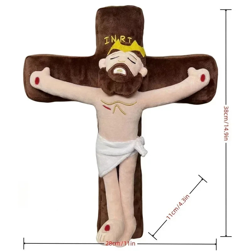 A plush doll depicting Jesus with a beard and crown, wearing a white cloth, against a brown background.