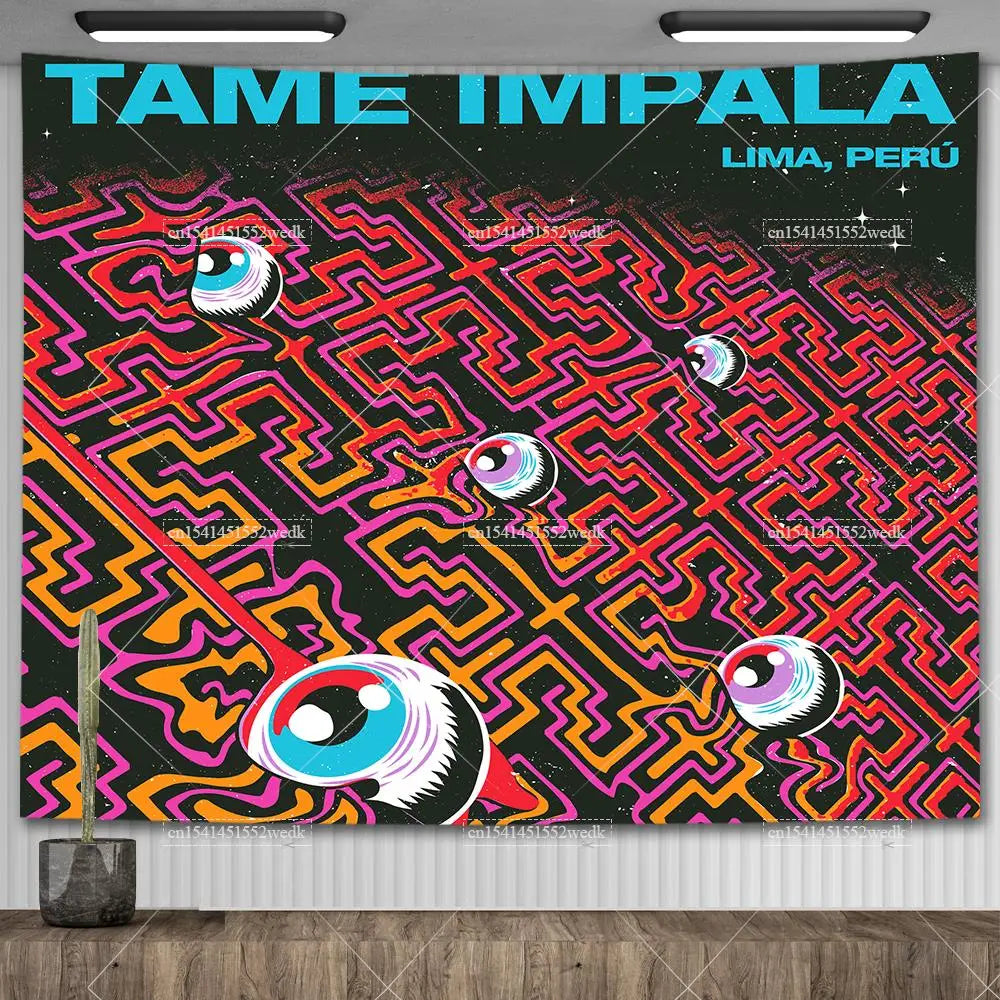 A vibrant tapestry featuring psychedelic patterns and stylized eyes in neon pink, orange, and purple tones.