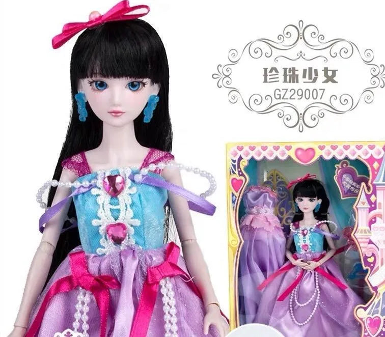 A detailed ball-jointed doll with elaborate makeup and a purple and pink princess outfit.