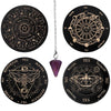 A set of eight circular wooden divination boards featuring various symbols and text like Yes No Maybe and Rephrase