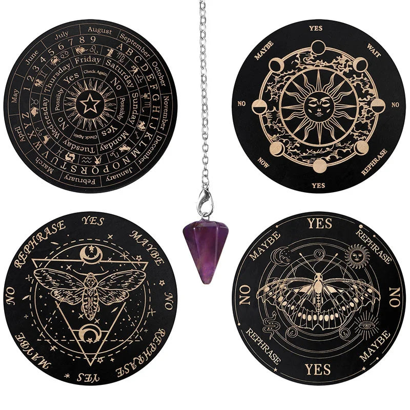 A set of eight circular wooden divination boards featuring various symbols and text like Yes No Maybe and Rephrase