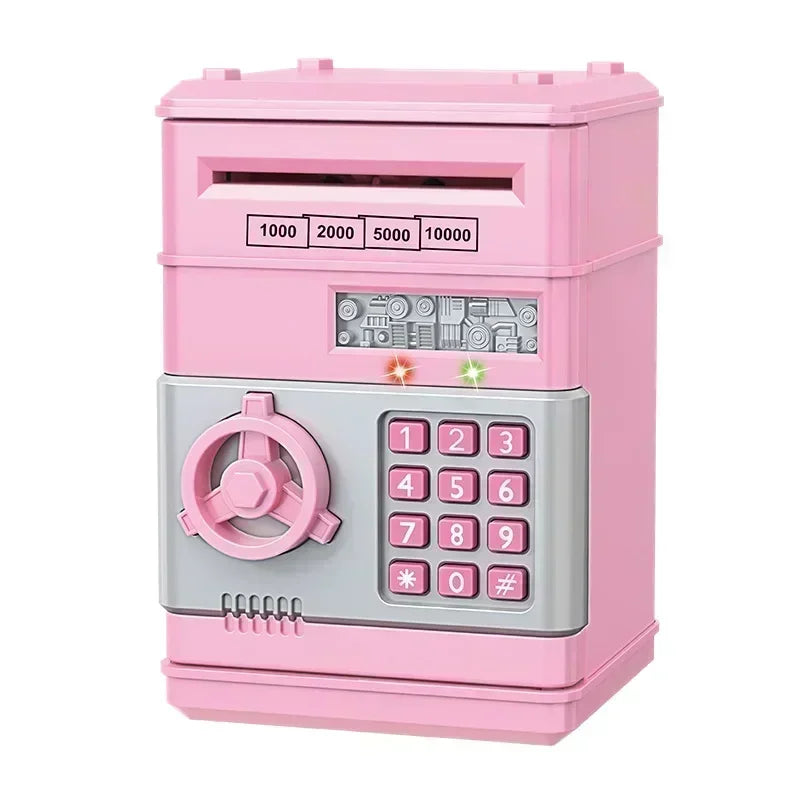 A pink automatic mini cash saving piggy bank with numbered slots and a keypad.