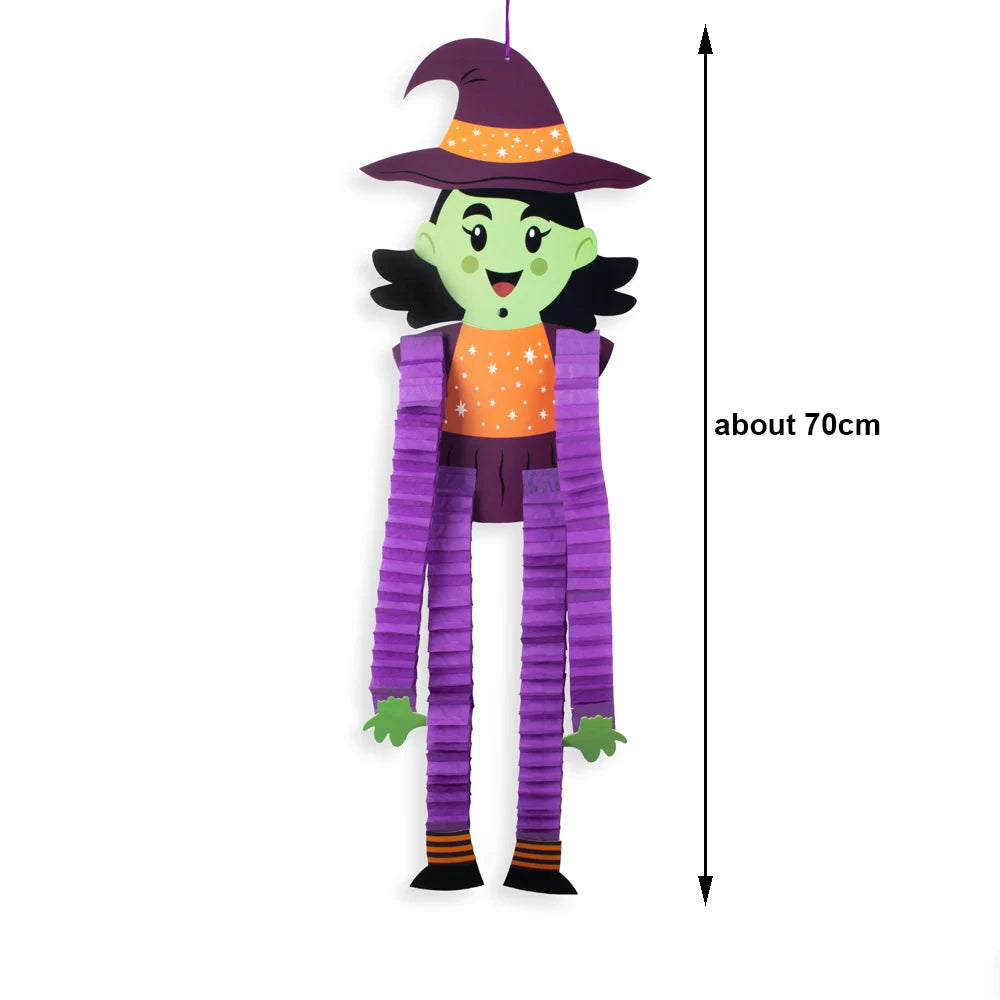 Halloween hanging ornaments set featuring a witch ghost character with purple clothing and an orange pumpkin.