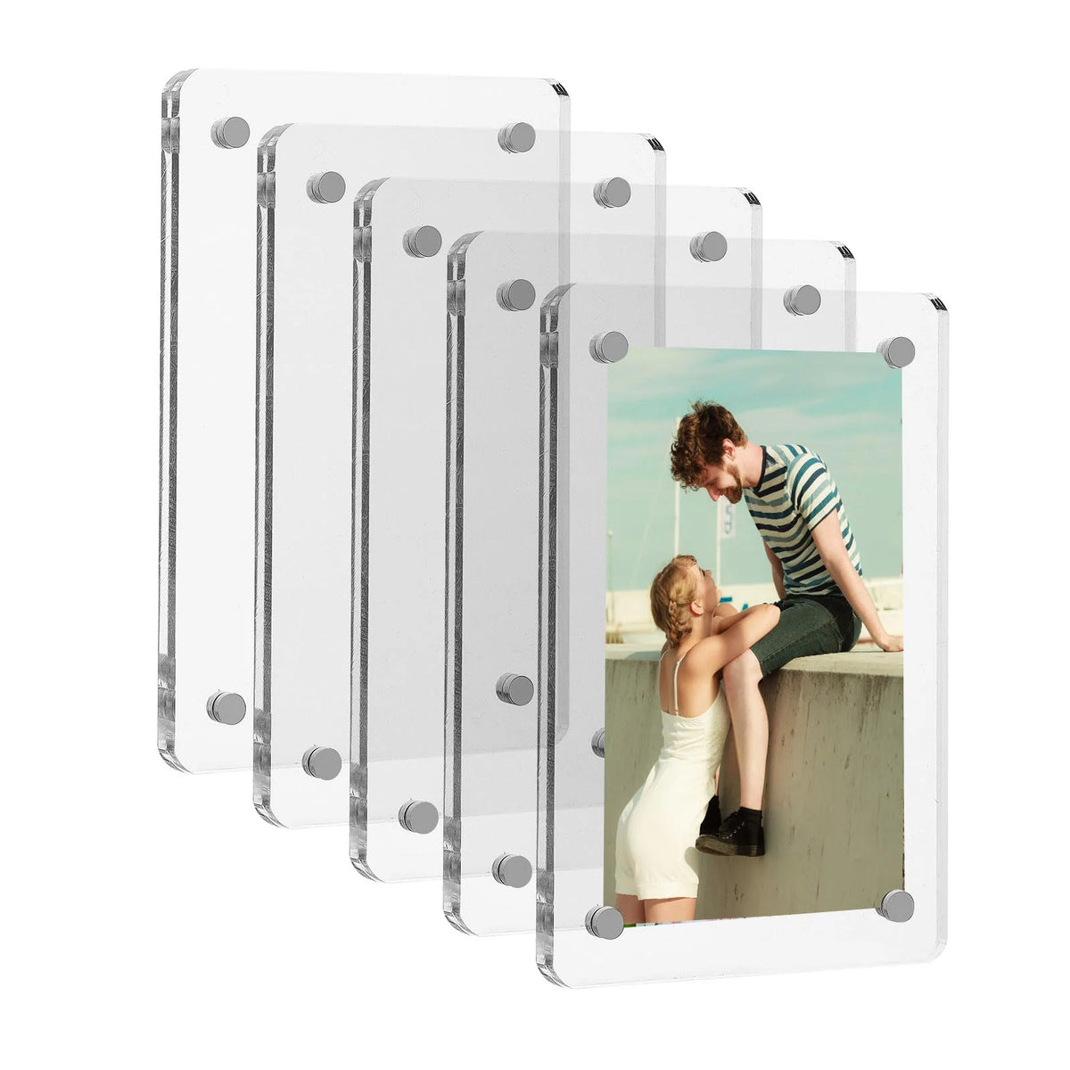A set of five clear acrylic magnetic fridge frames for displaying mini photos.