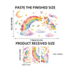 A set of three magical unicorn and rainbow wall decals for kids' rooms shown with size comparisons.