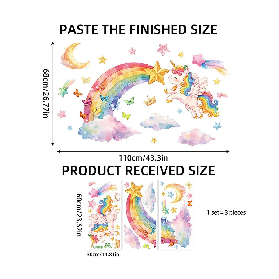 A set of three magical unicorn and rainbow wall decals for kids' rooms shown with size comparisons.