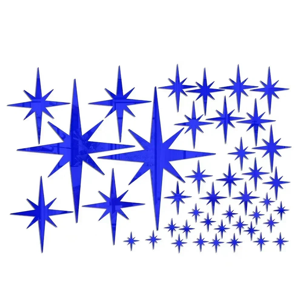 Blue acrylic star mirror wall stickers arranged in a decorative pattern.
