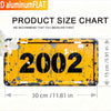 A yellow aluminum flat sign with the number 2002, showing dimensions of 30 cm by 15 cm.