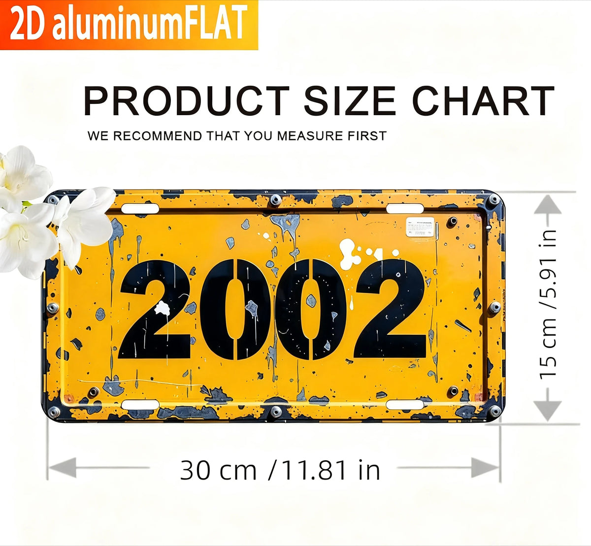 A yellow aluminum flat sign with the number 2002, showing dimensions of 30 cm by 15 cm.