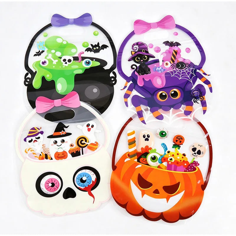 A set of Halloween pumpkin witch treat bags featuring spooky designs and bow accents.