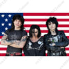 Three individuals posing in front of an American flag background.