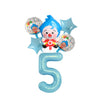 A set of blue and white circus theme birthday party decor including balloons and a large number five balloon.