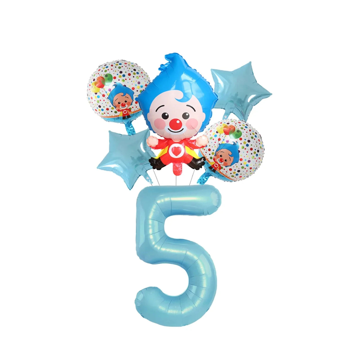 A set of blue and white circus theme birthday party decor including balloons and a large number five balloon.