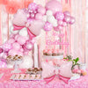 Pink and white balloon wreath archway set featuring pink and white balloons and bow accents for parties