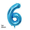 A single blue latex balloon shaped like the number 6, measuring 32 inches.