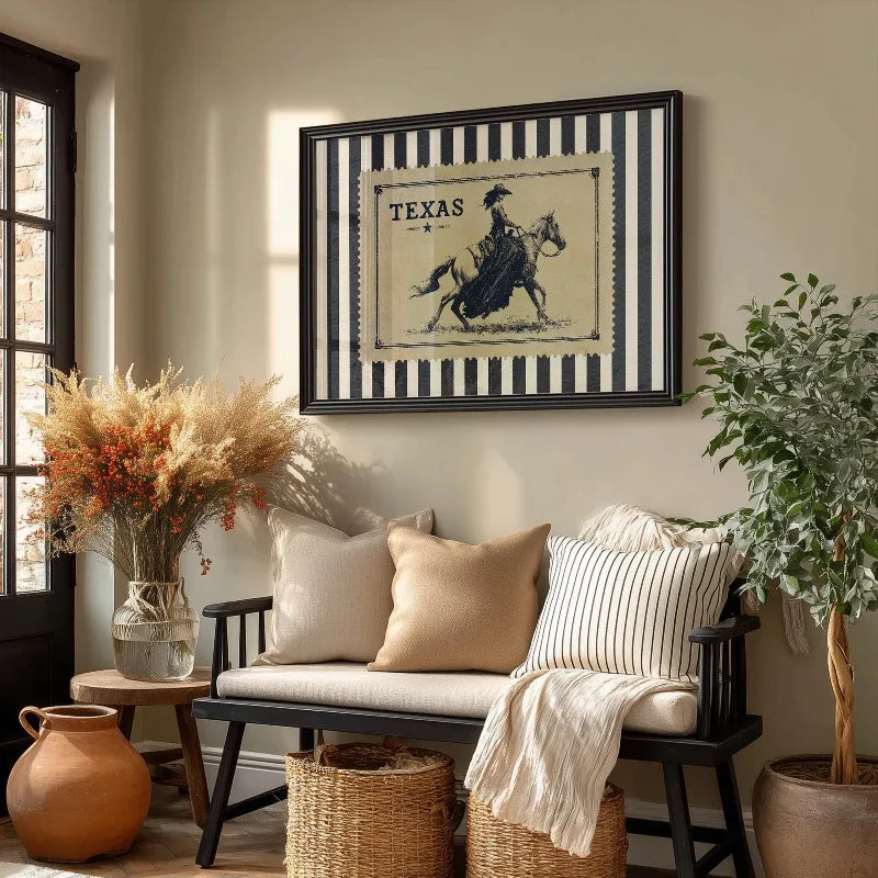 A framed vintage cowgirl western art print featuring a silhouette of a riding horse and rider against a striped background.