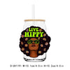 A clear tumbler with a black and yellow graphic featuring an Afro girl's face surrounded by colorful flowers and the text LIV