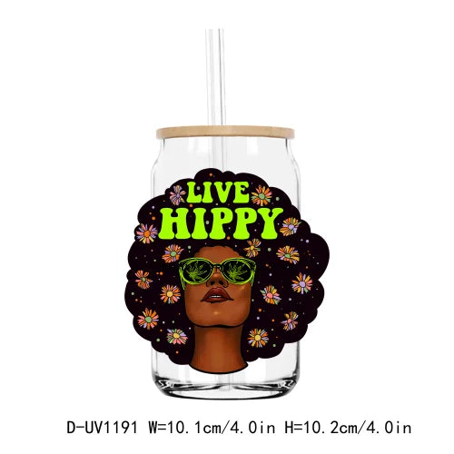 A clear tumbler with a black and yellow graphic featuring an Afro girl's face surrounded by colorful flowers and the text LIV