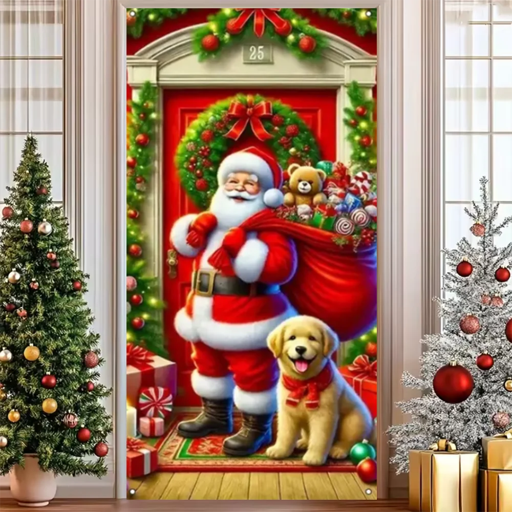 Merry Christmas Party Decoration Door Cover with Santa, Snowman & Reindeer Design