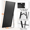 A full-length floor mirror with an aluminum frame shown in various angles and with hanging hooks.