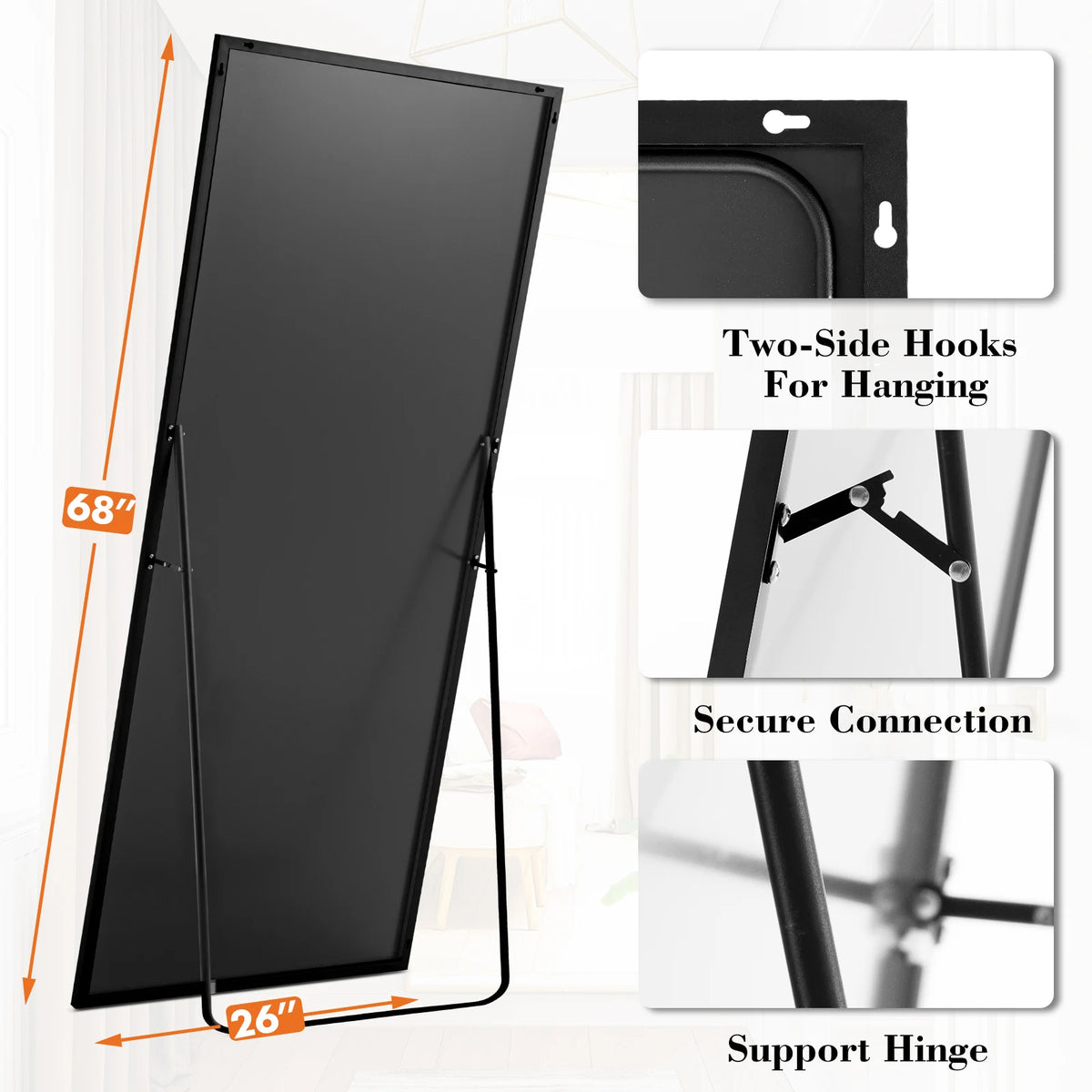 A full-length floor mirror with an aluminum frame shown in various angles and with hanging hooks.