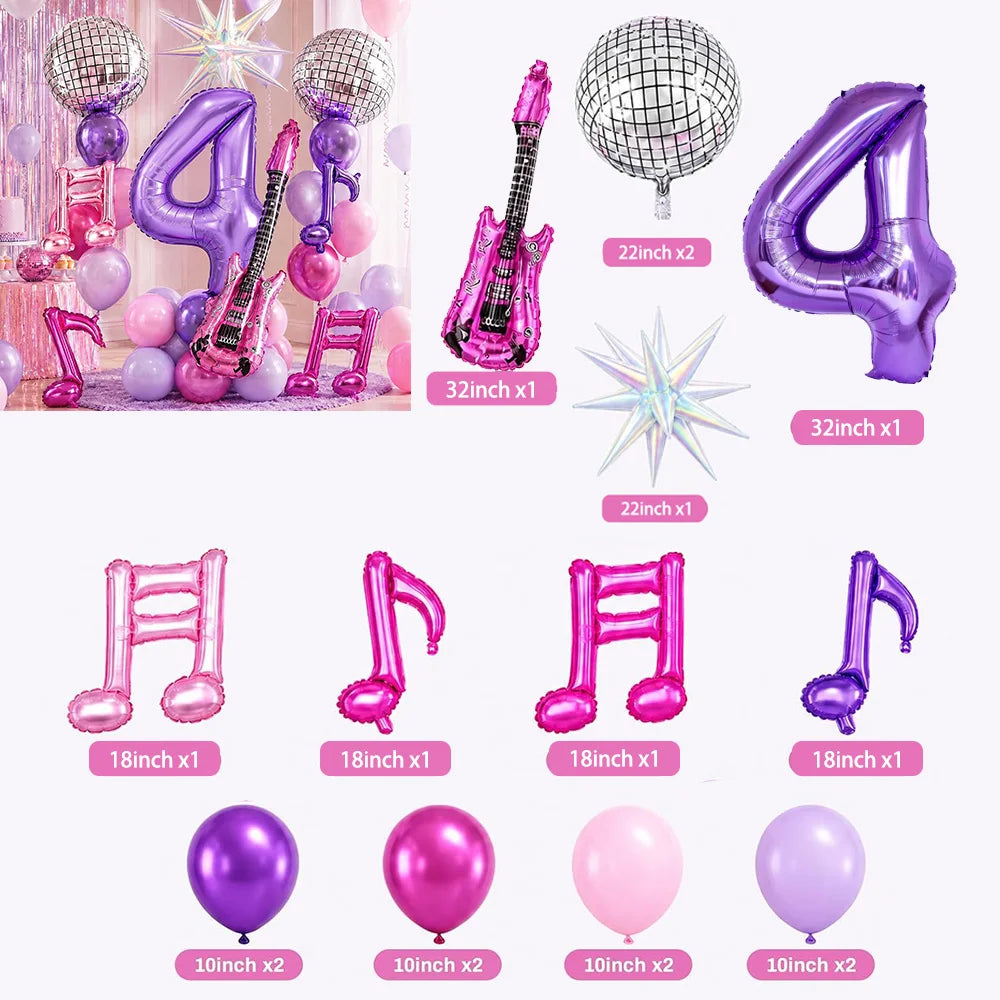Purple music theme birthday party decorations including large number balloons, pink and purple props, and confetti.
