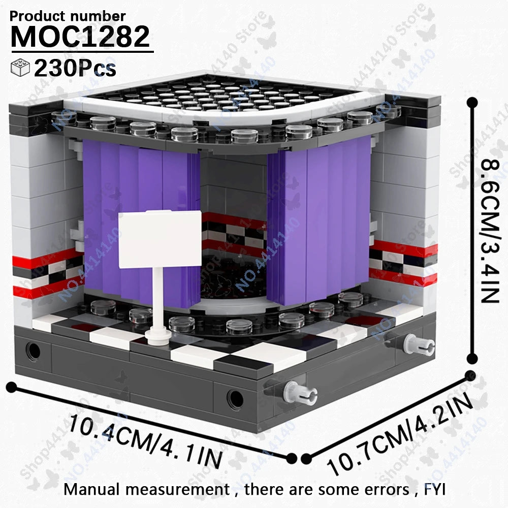 A LEGO-style model of a building featuring purple columns and a checkered floor pattern.