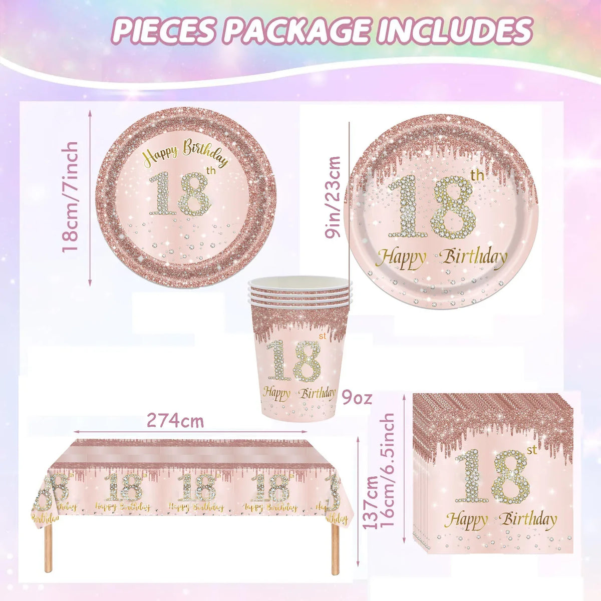 A package of rose gold diamond birthday tableware including plates, cups, and a table runner.