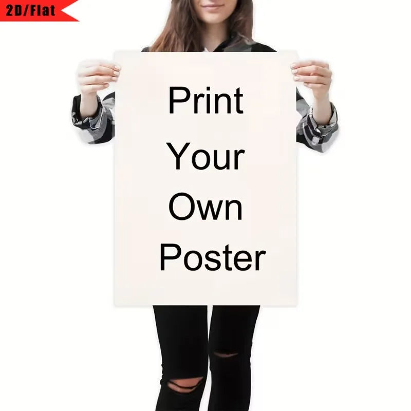 A woman holds up a white print with the text Print Your Own Poster.