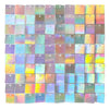 A grid of square, iridescent glitter panels in various pastel and holographic colors.