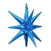 A blue star burst foil balloon with sharp points, used for party decor.