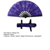 A purple glitter holographic folding hand fan with a black frame.