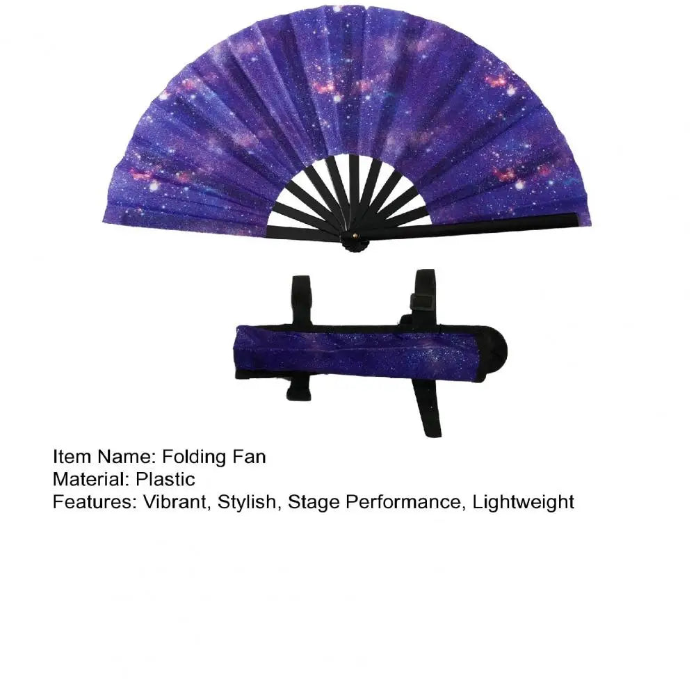 A purple glitter holographic folding hand fan with a black frame.