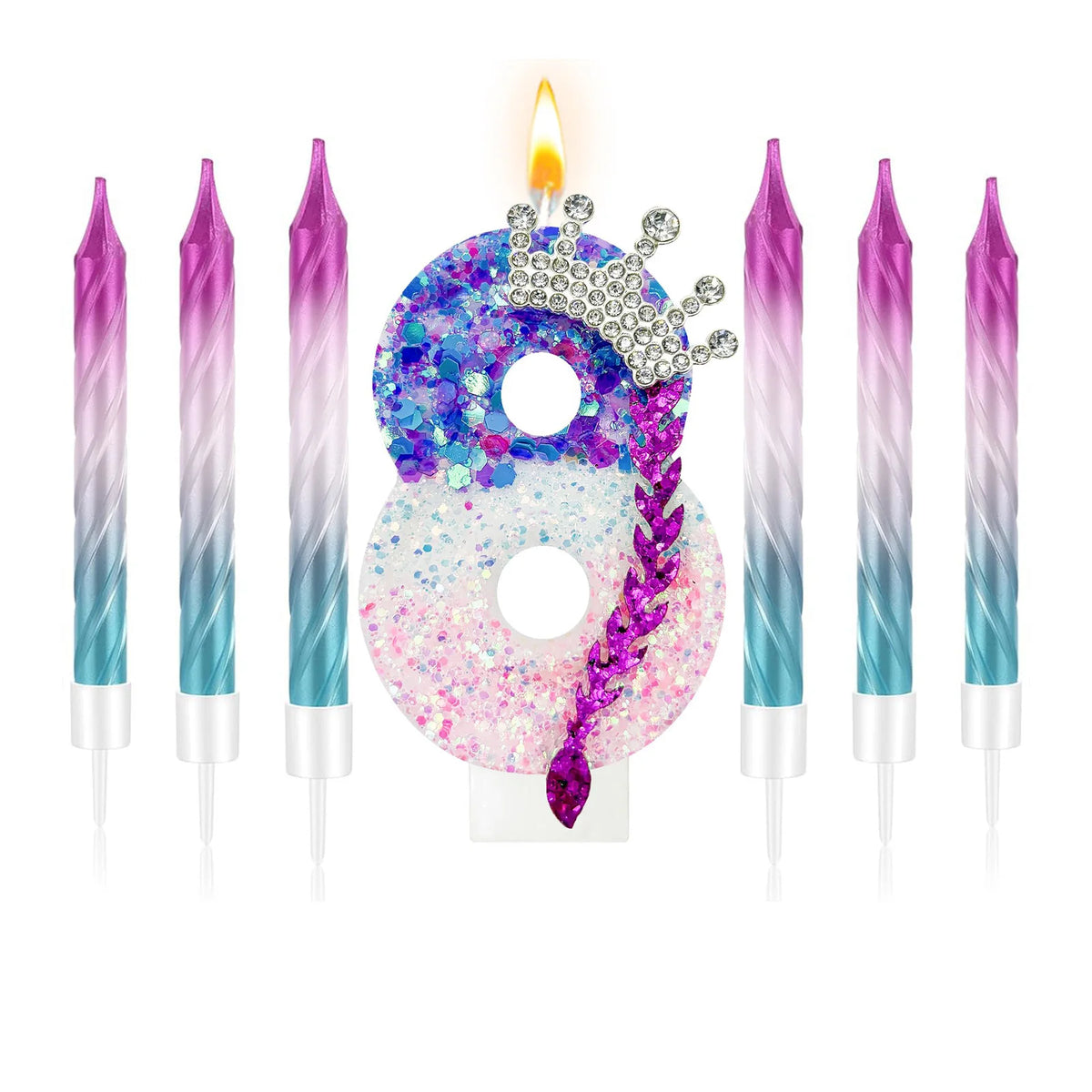 A set of gradient sparkle number birthday candles, including the number eight, in purple and blue shades.