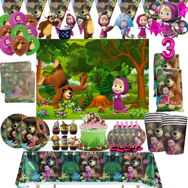 A collection of Masha and The Bear birthday party supplies including balloons, plates, and cups.