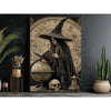 Canvas wall art depicting a dark witch in a pointed hat surrounded by astrological and occult symbols.