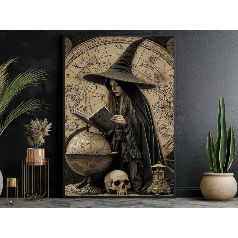 Canvas wall art depicting a dark witch in a pointed hat surrounded by astrological and occult symbols.